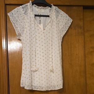 Light Cream Blouse with Gold Polka Dots and Tie Neck